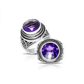 Handcrafted sterling silver Bali ring with round purple Amethyst Quartz and rope scroll detailing.